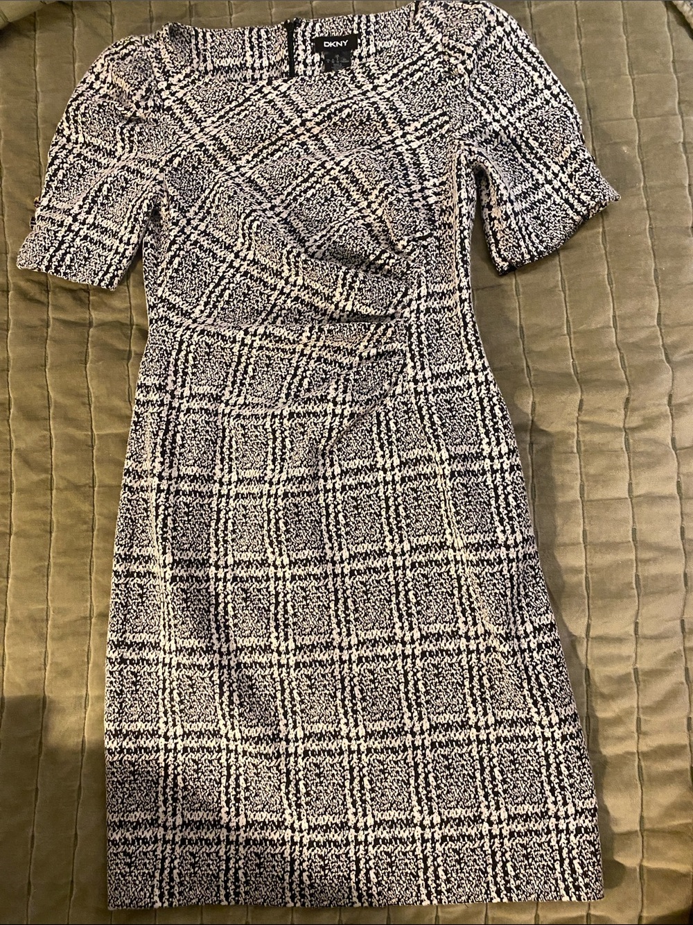 DKNY Black and White Plaid Midi Sheath Dress